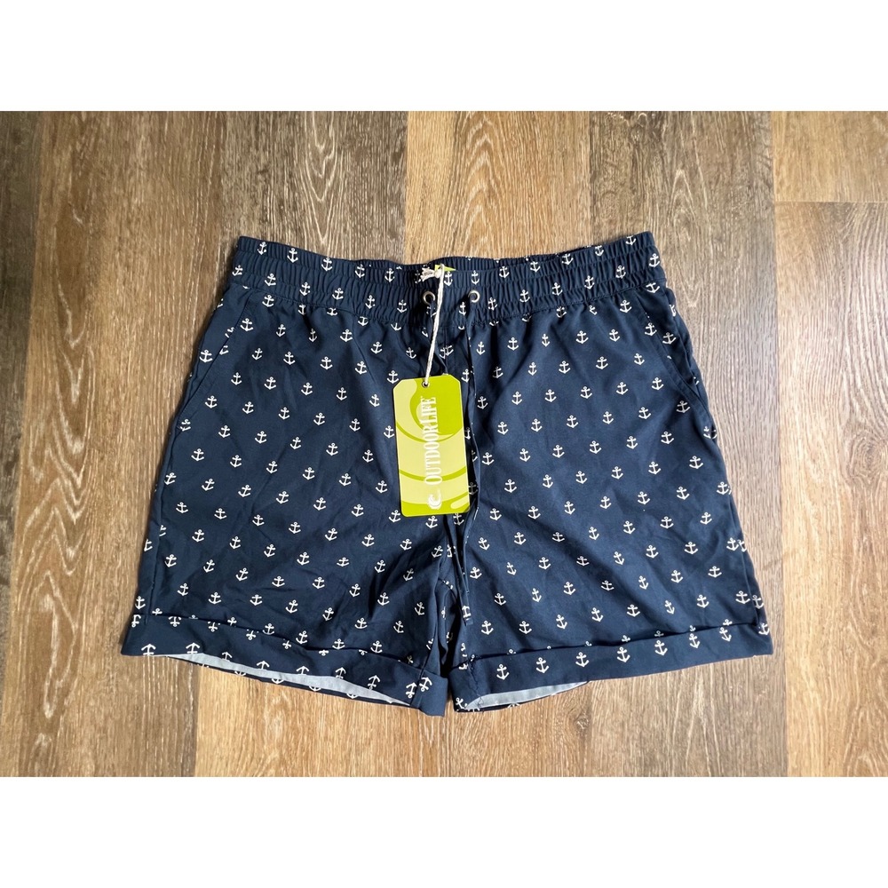 Outdoor Life Shorts Mens Medium Navy Blue New Anchor Print Elastic Waist Casual